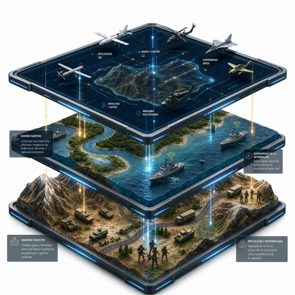 Vista en capas del teatro de operaciones: dominio aéreo y de mando y control, dominio marítimo-fluvial y dominio terrestre, integrados en una imagen multidominio.